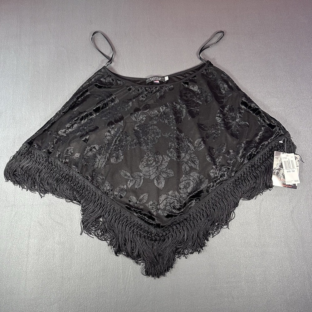 Rampage Black Velvet Poncho W/ Fringe NWT